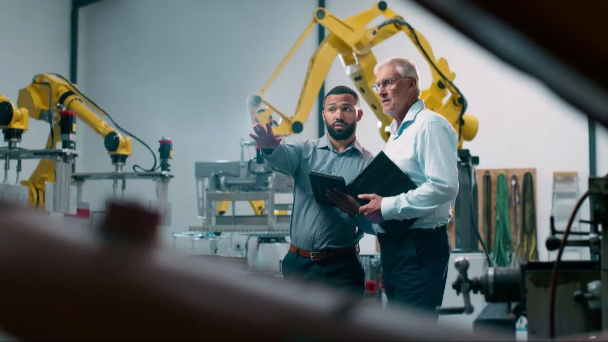 Two engineers discussing operations in a manufacturing facility with yellow robotic arms visible in the background.