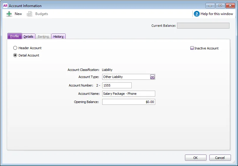 Example salary package liability account setup