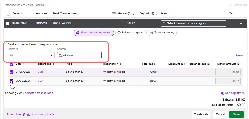 Use the filters in the Match to existing record tab to search for transactions