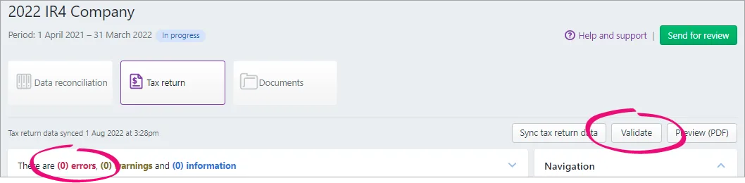 The Validate button highlighted next to the Sync tax return data and Preview (PDF) buttons on the top right of the tax return page, and 0 errors highlighted beneath the Tax return option. 