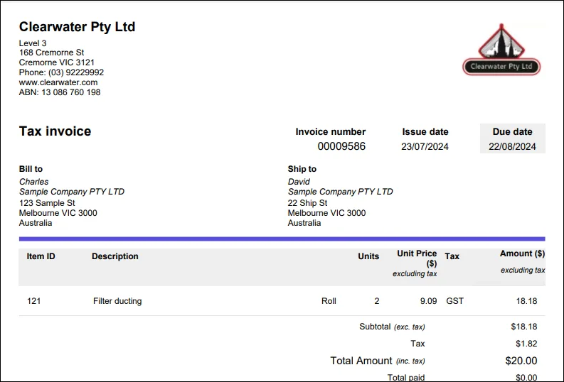 Example of the brand logo on a customer invoice