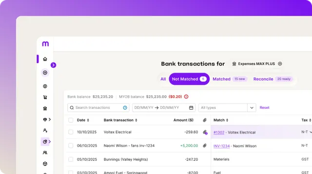 Screenshot of a bank transactions dashboard showing unmatched transactions with amounts, dates, and match suggestions in a finance app.