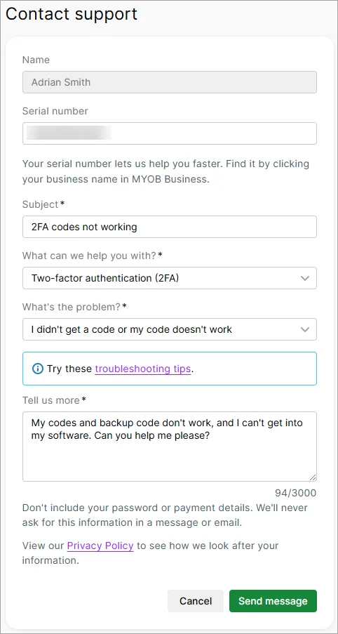 Submitting a support request in My Account