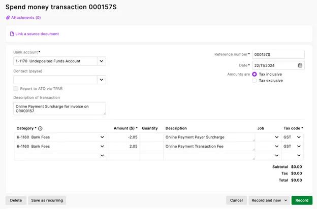 Example spend money transaction with two lines for fees