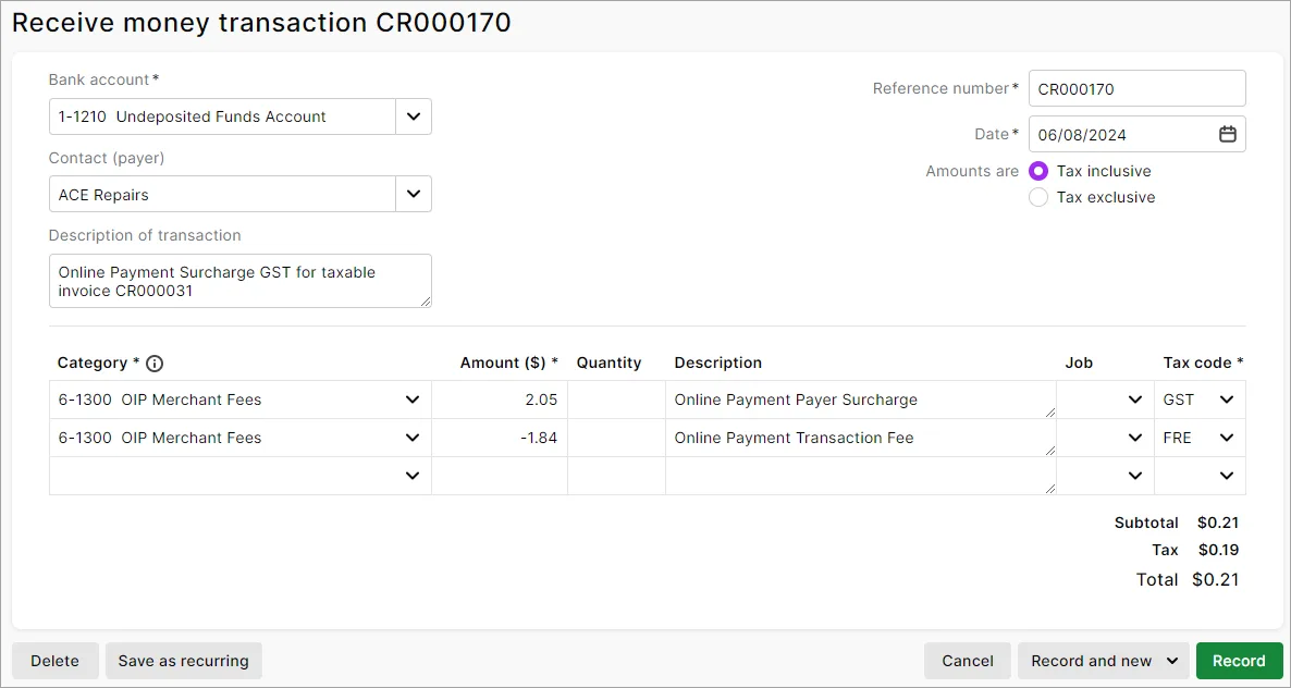 Example receive money transaction with two lines for fees