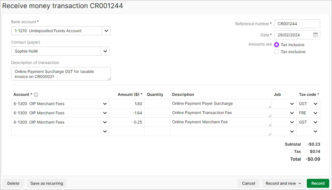 Example spend money transaction with one line for OIP fees