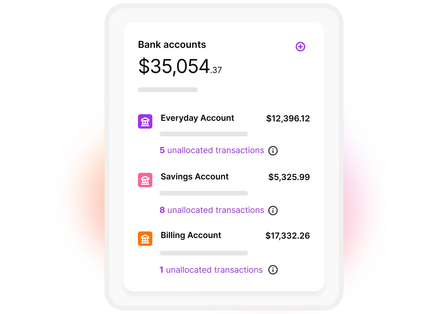 An illustration of one of the dashboard widgets available to you. This widget shows you your the balance of each of your bank accounts and how many transactions need to be balanced.