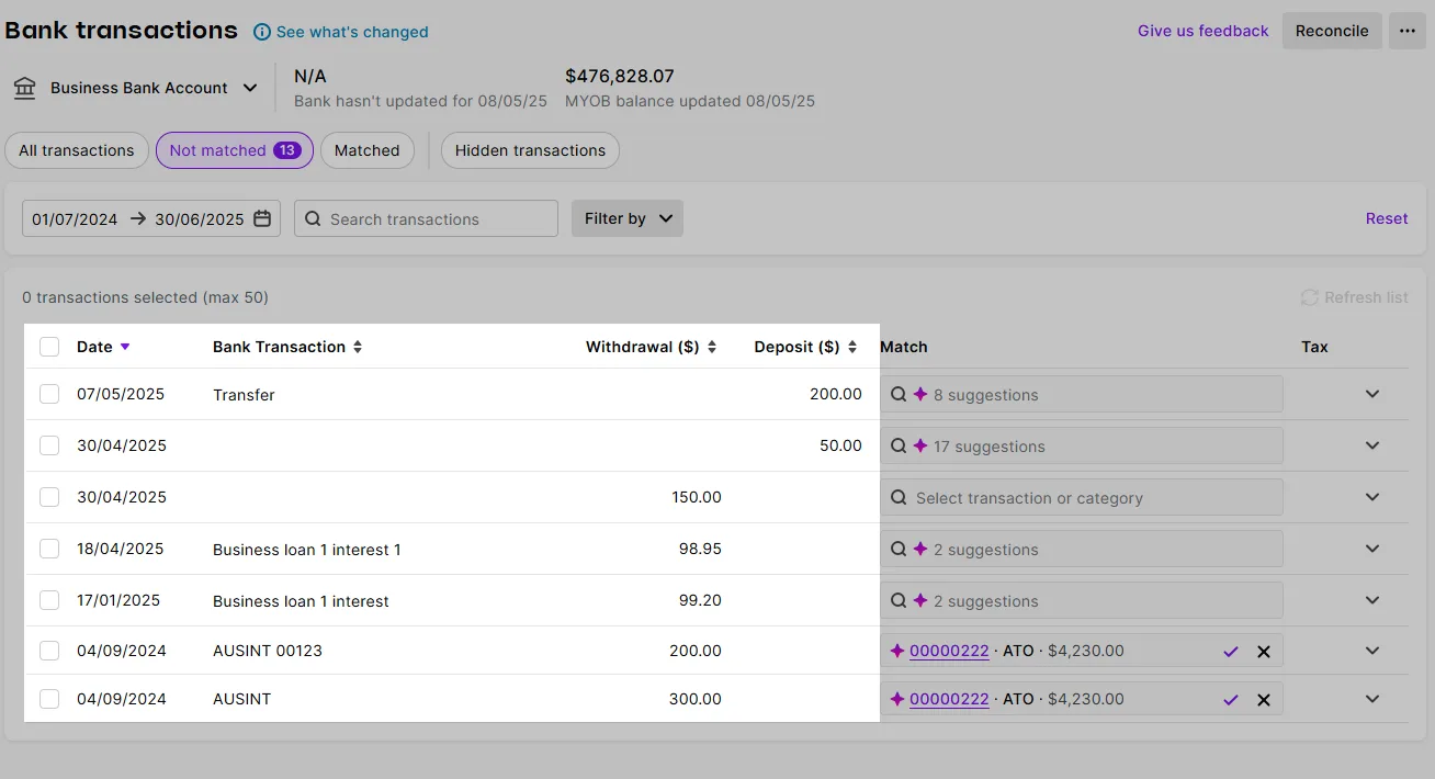 Bank transactions page with bank transactions highlighted
