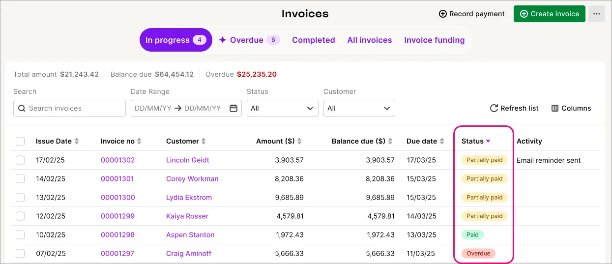 Example invoice list with statuses highlighted