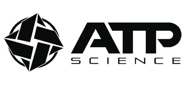 Black and white company logo for ATP Science 