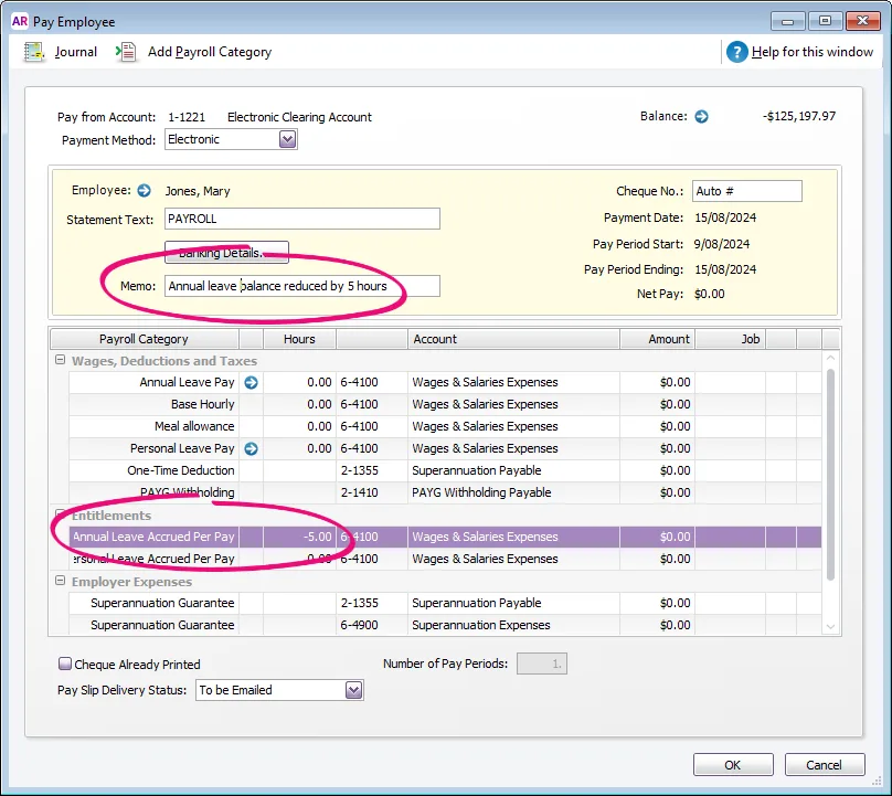 Example pay with minus 5 in the annual leave accrual hours column