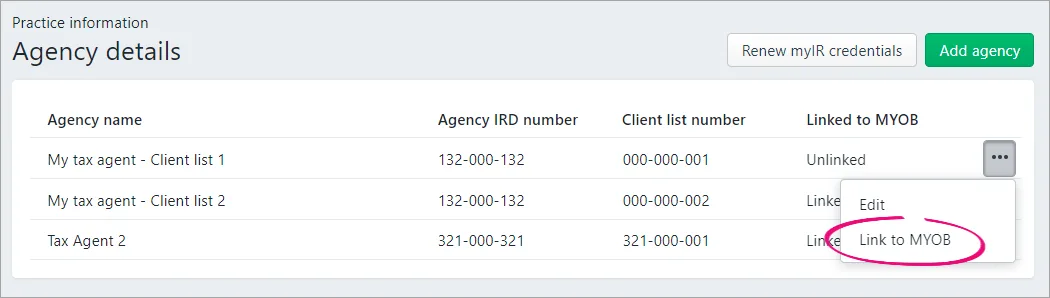 Link to MYOB highlighted in the ellipses on the Agency details page