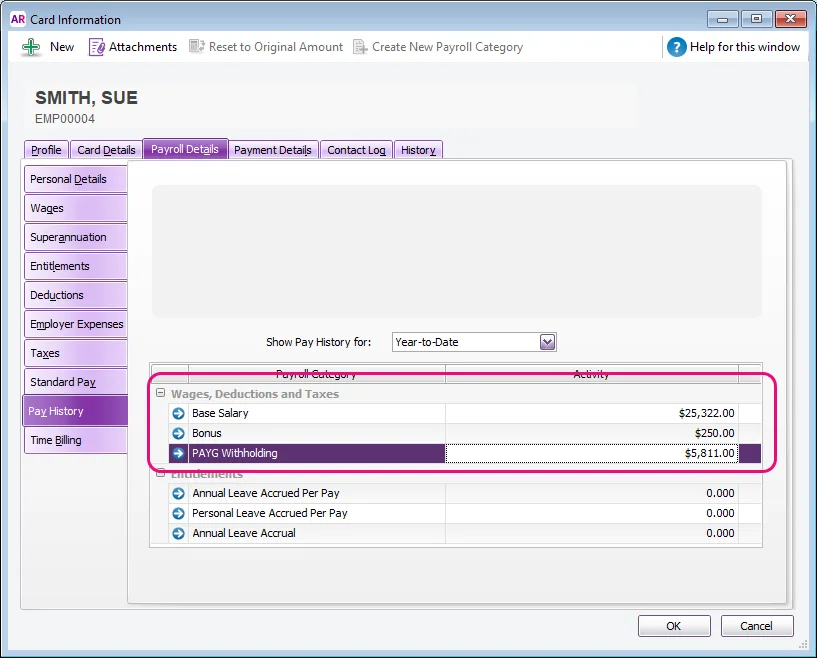 Example pay history entered for an employee