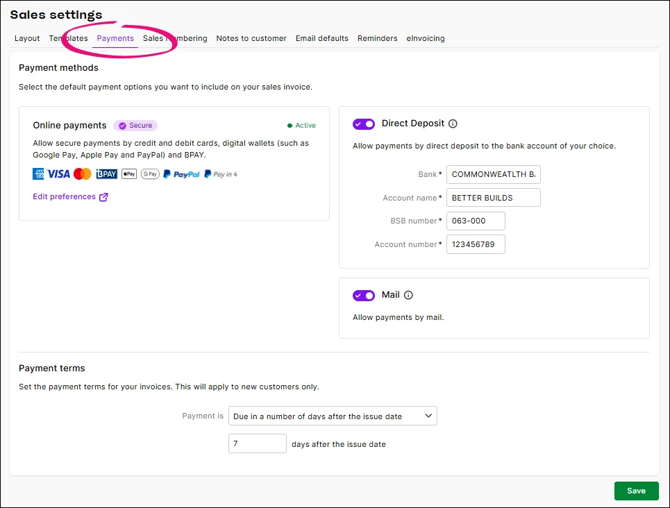 Example sales settings page with payments tab highlighted
