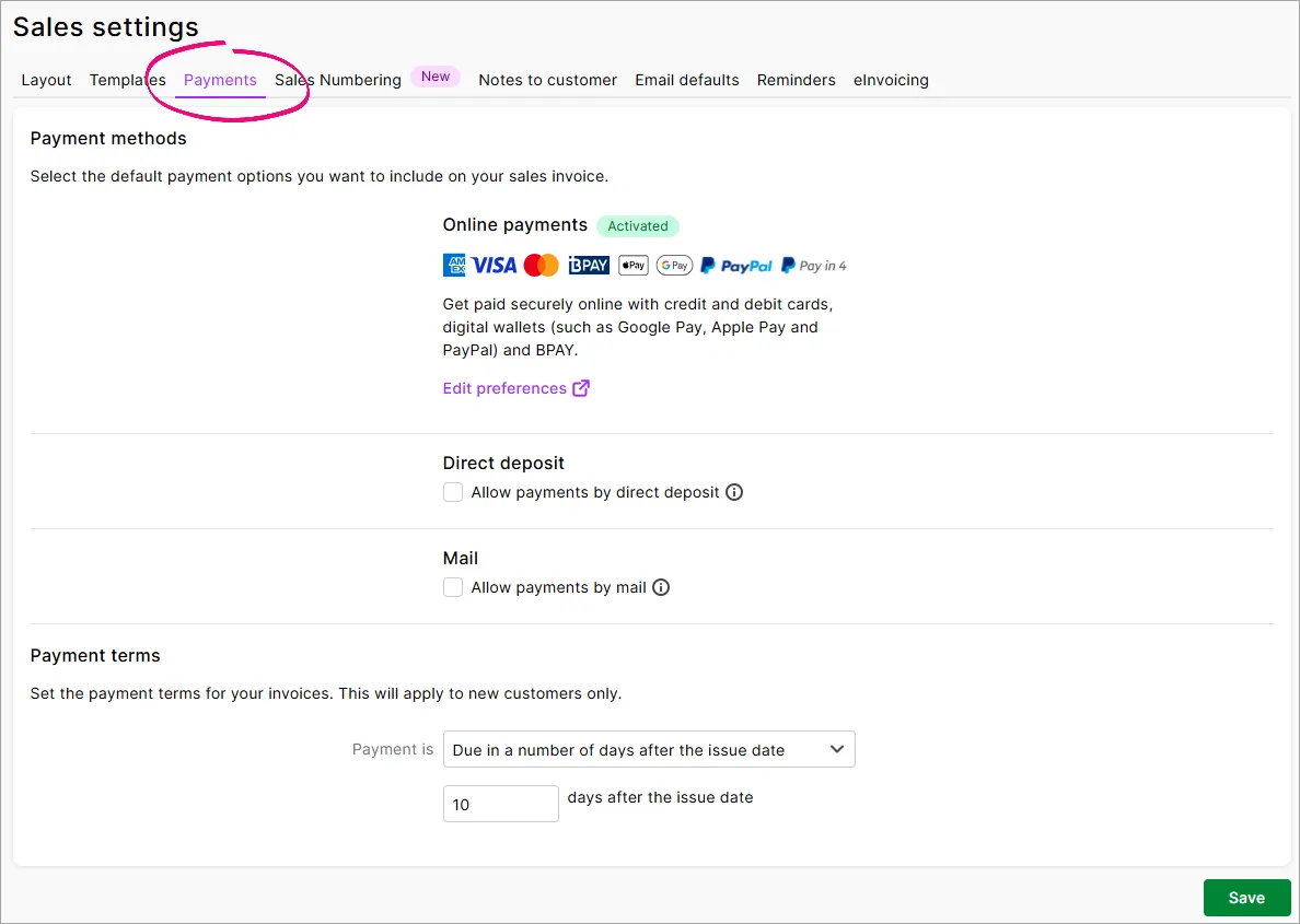 Example sales settings page with payments tab highlighted