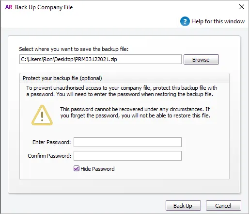 Back up compand file window