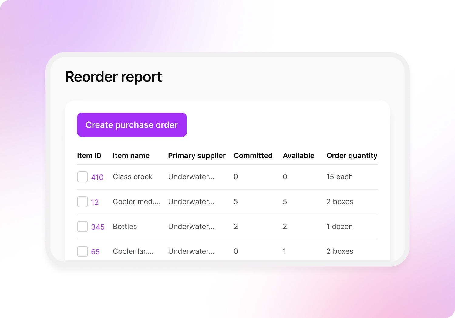 Reorder report shows existing orders and allows you to create new purchase orders. 