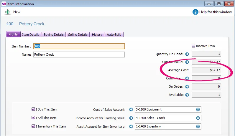 Average cost displayed in an inventory item in AccountRight