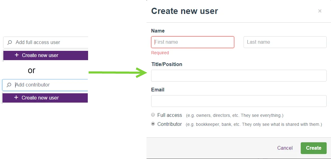 Create new user options leading to the Create new user page.