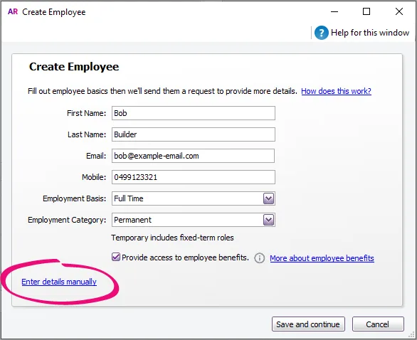 Example create employee window with enter details manually highlighted