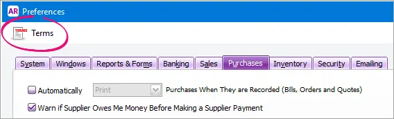 Purchases terms in the Preferences window > Purchases tab