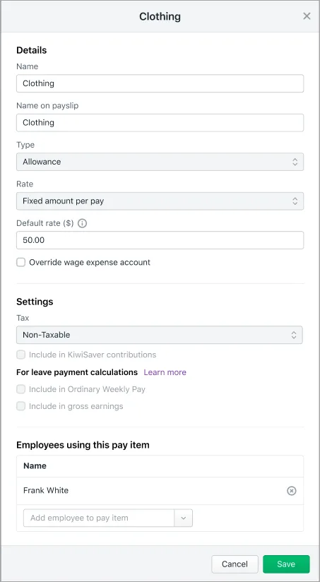 Example earning pay items setup
