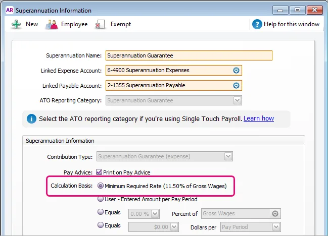 Example super guarantee payroll category with new option and contribution type highlighted