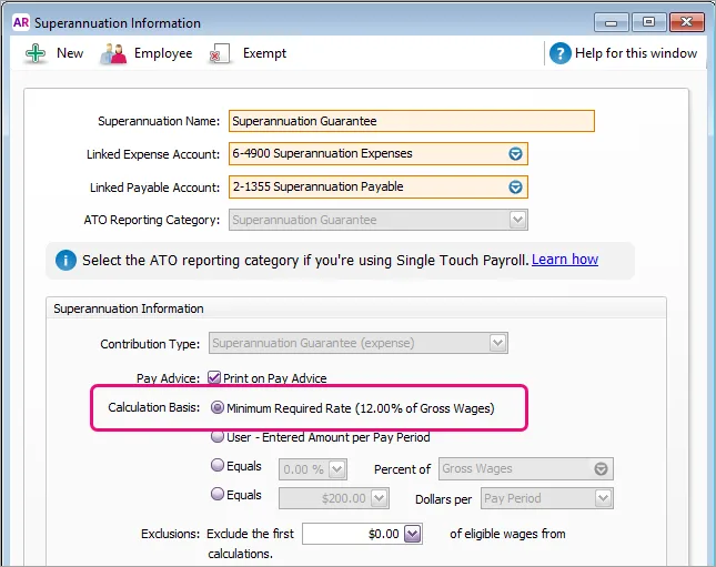 Example super guarantee payroll category with minimum required rate highlighted