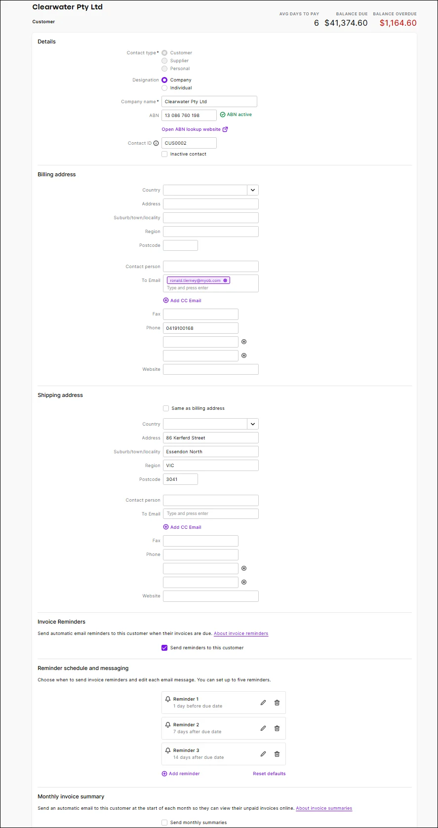 The customer details open in the web browser version of AccountRight