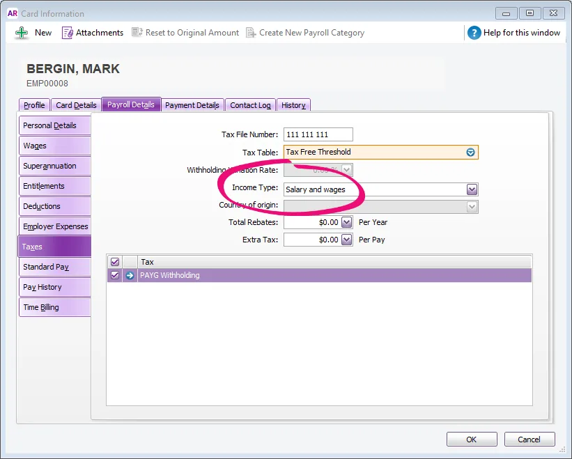 Example employee card with income type field highlighted