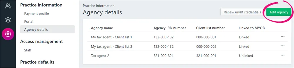 Add agency button highlighted in the top right of the Agency details window