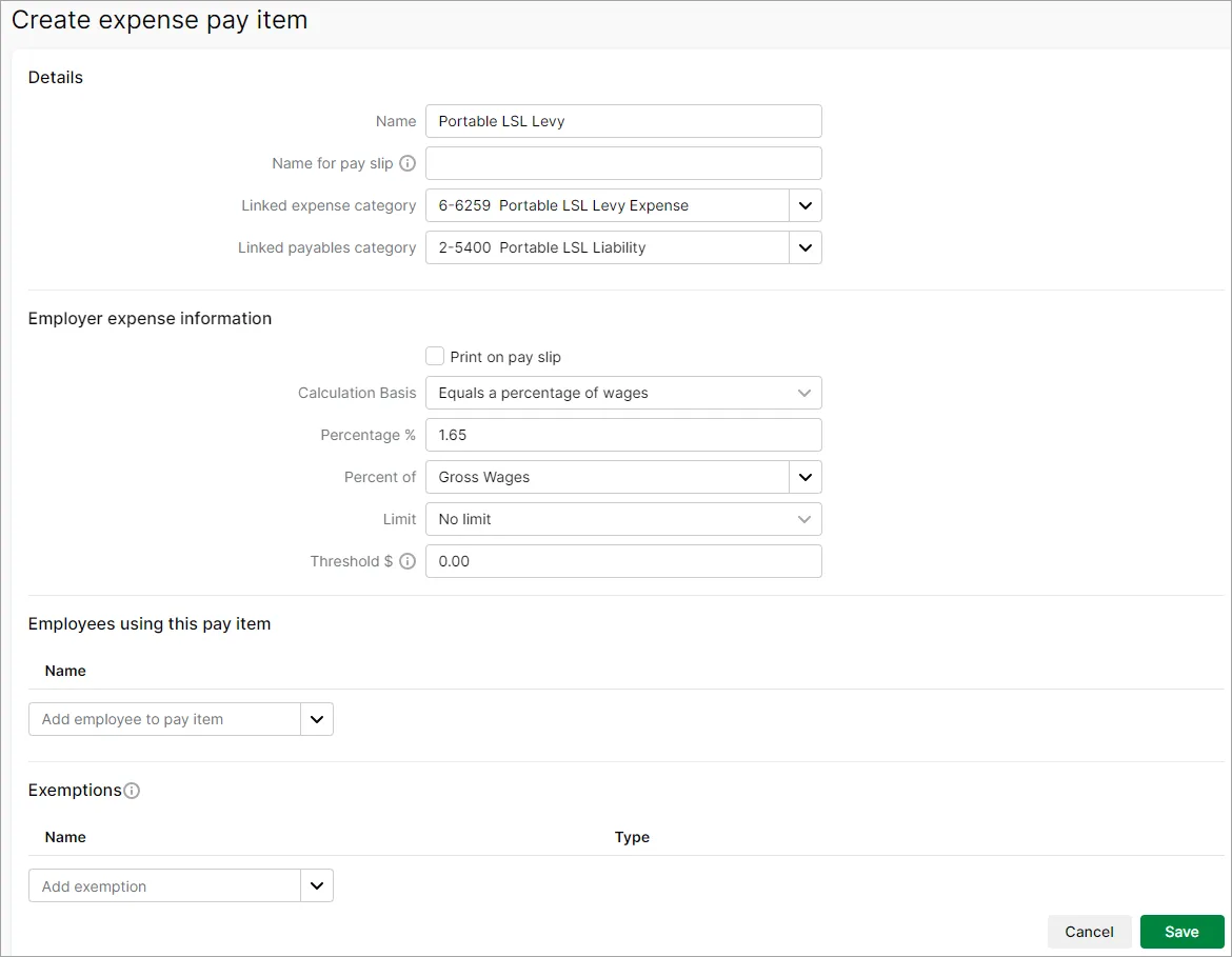 Example portable LSL levy expense pay item setup