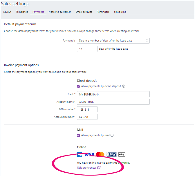 Editing your business bank details