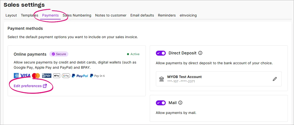 Example sales settings with edit preferences link highlighted