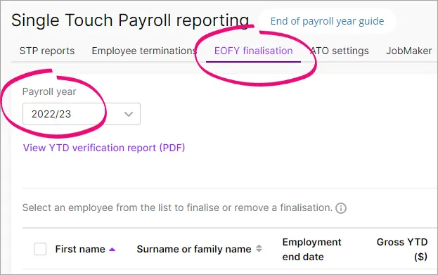 STP reporting centre with payroll year highlighted