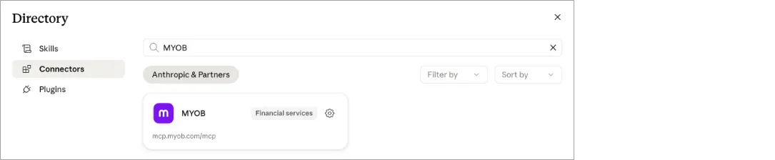 Example connectors directory in Claude with MYOB shown