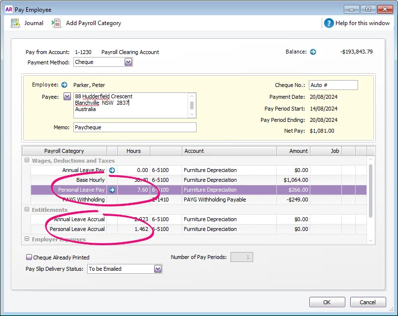 Example pay with paid and accrued personal leave highlighted