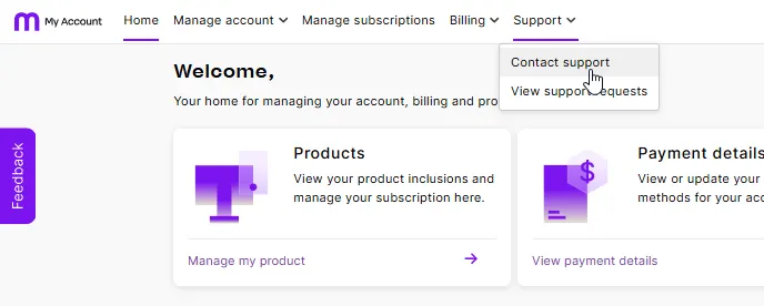 Support menu in My Account showing Contact support option