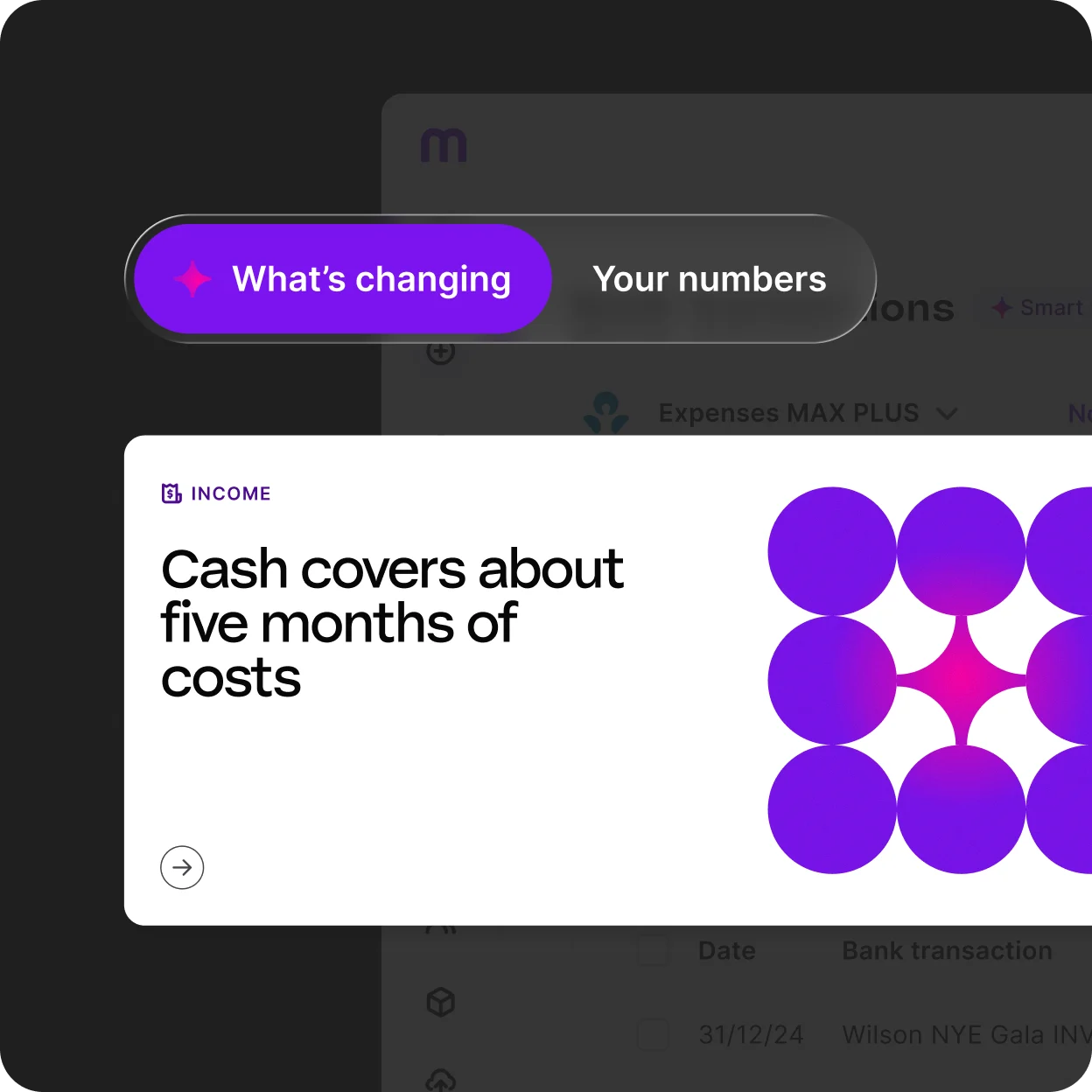 Financial AI interface showing "Cash covers about five months of costs" with purple circular design elements