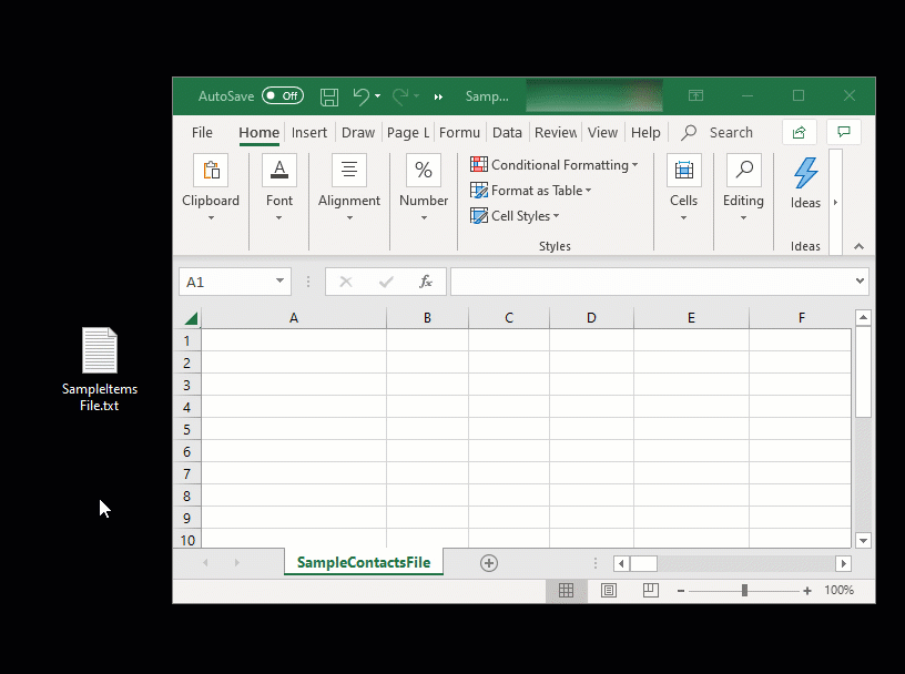 Drag and drop item sample file into Excel