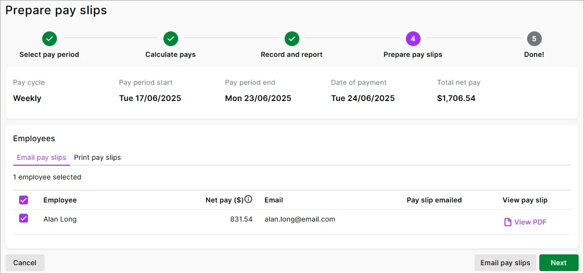 Prepare pay slips step of the pay run