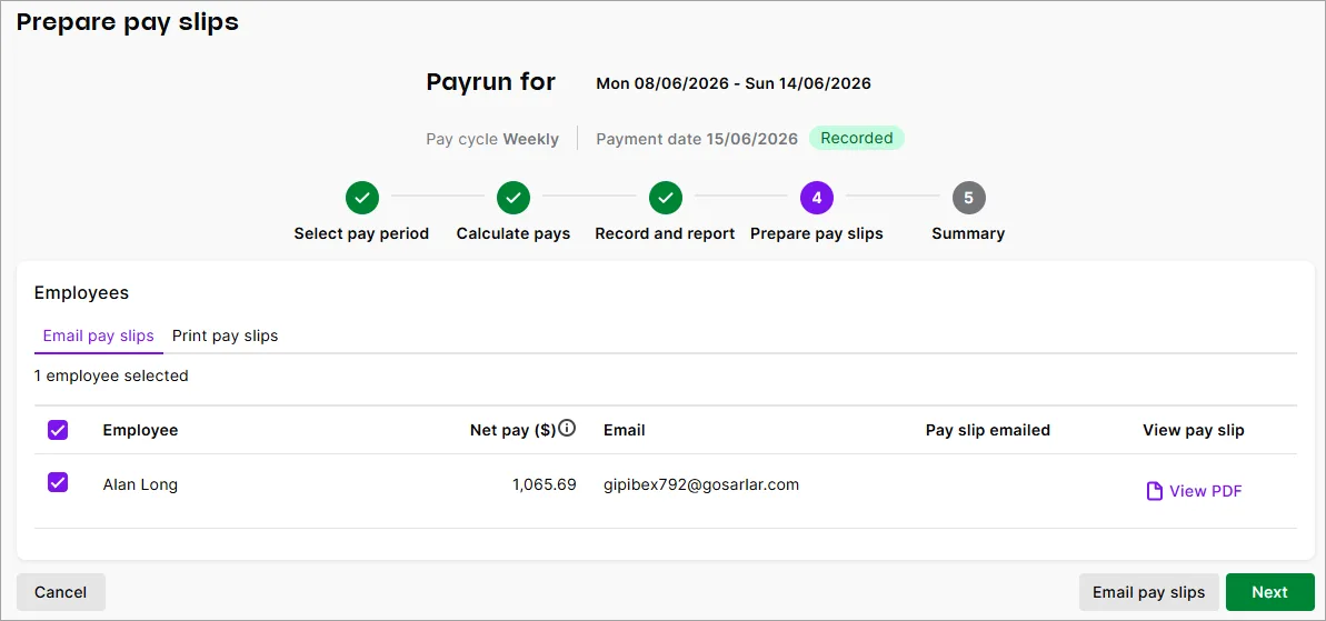 Prepare pay slips step of the pay run