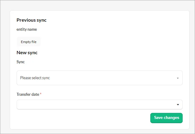 Previous sync New sync and Transfer date options