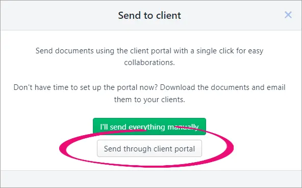 Send through client portal button highlighted in the Send to client window