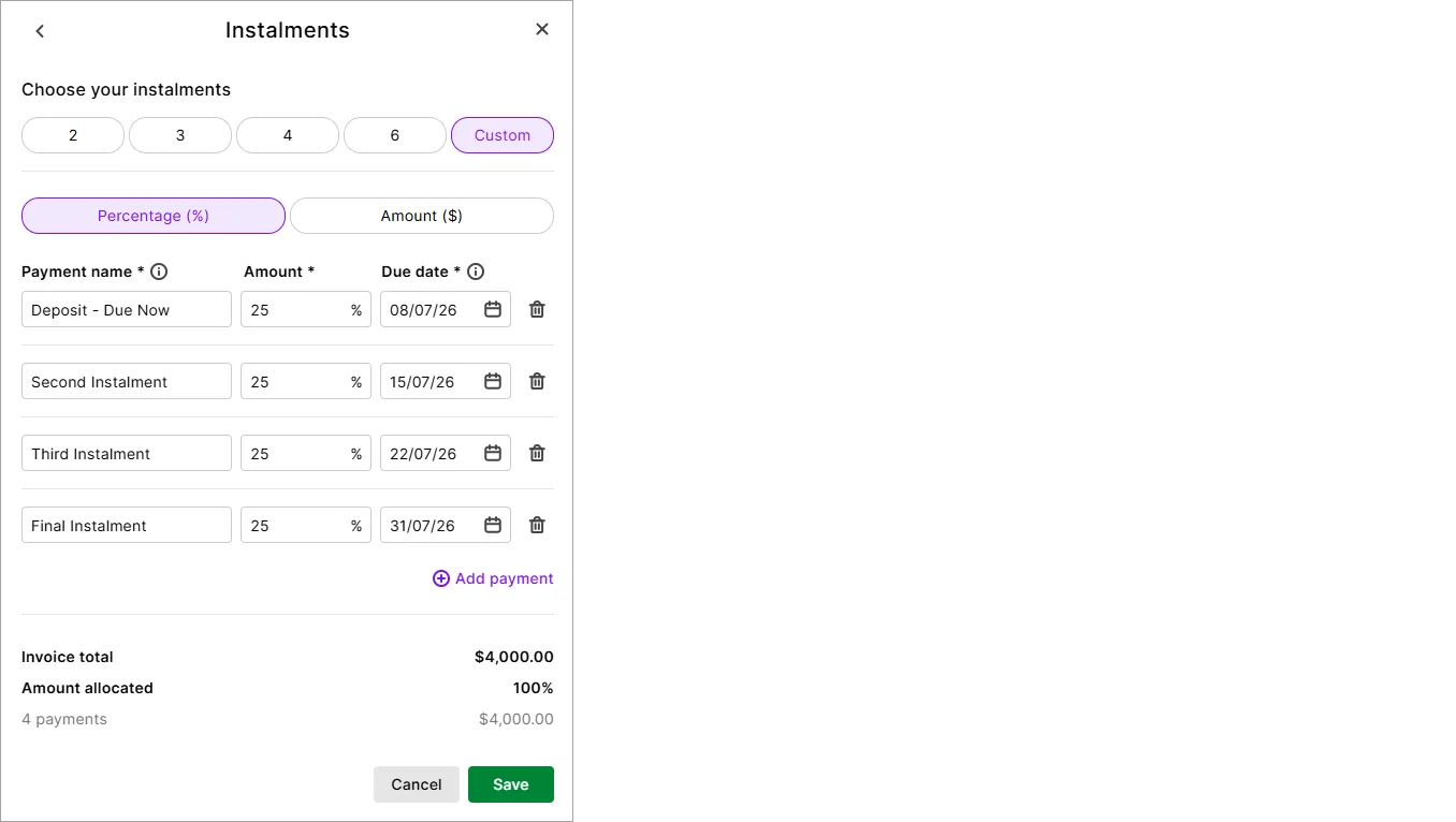 Example payment schedule with 4 instalments