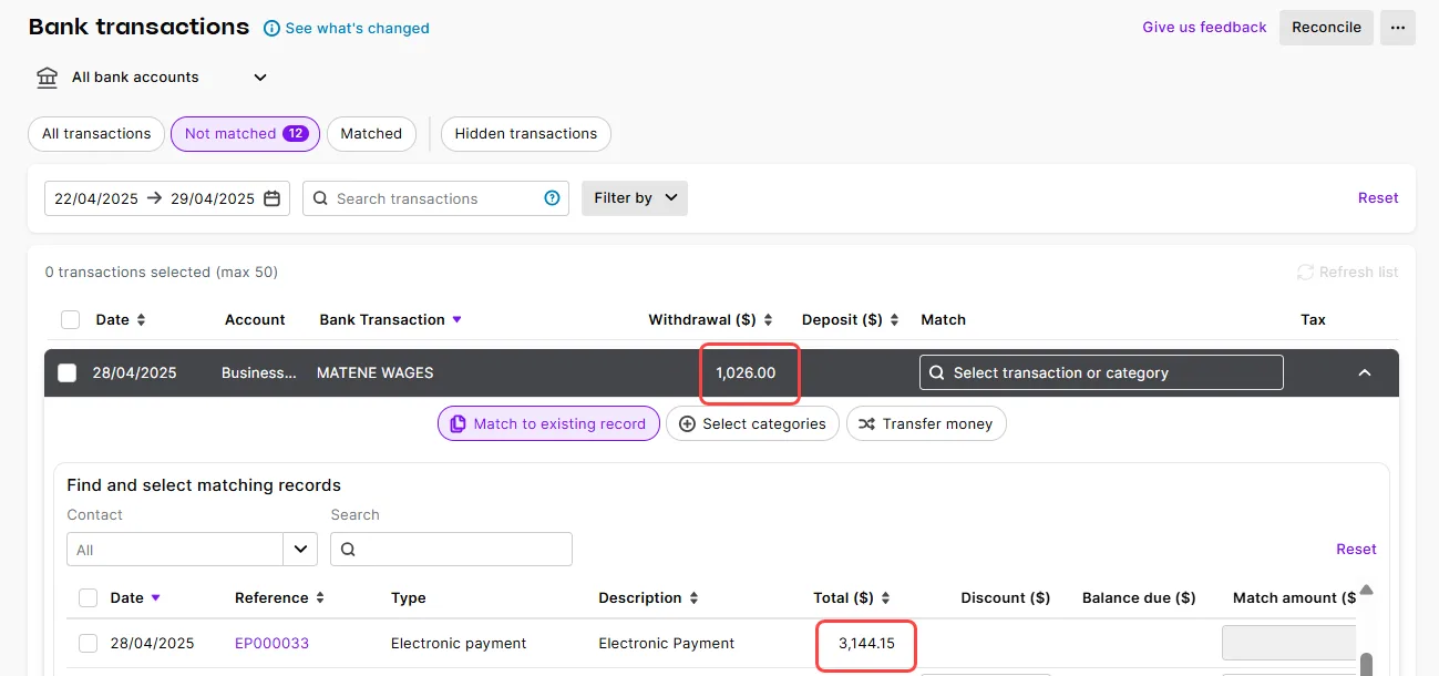 Example of not being able to match an individual payment in bank feeds to a grouped electronic payment