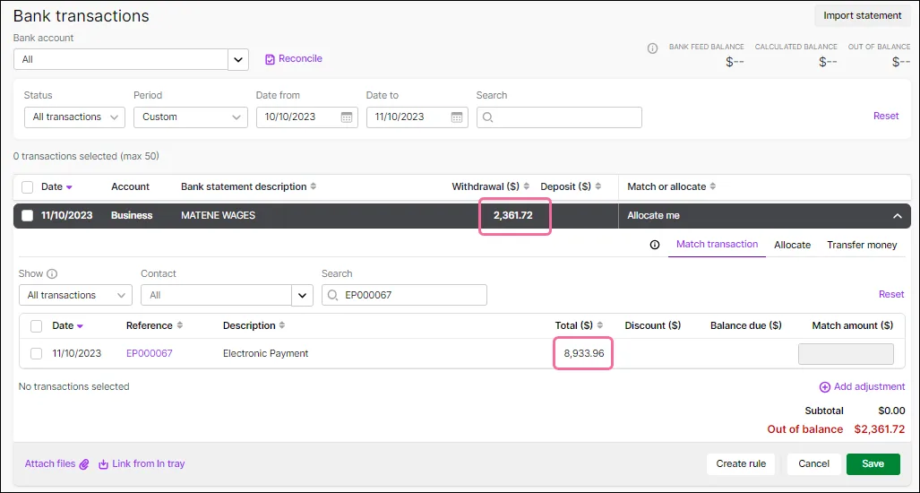 Example of not being able to match an individual payment in bank feeds to a grouped electronic payment