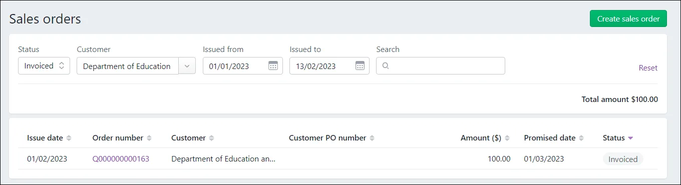 Filters applied in the Sales order page