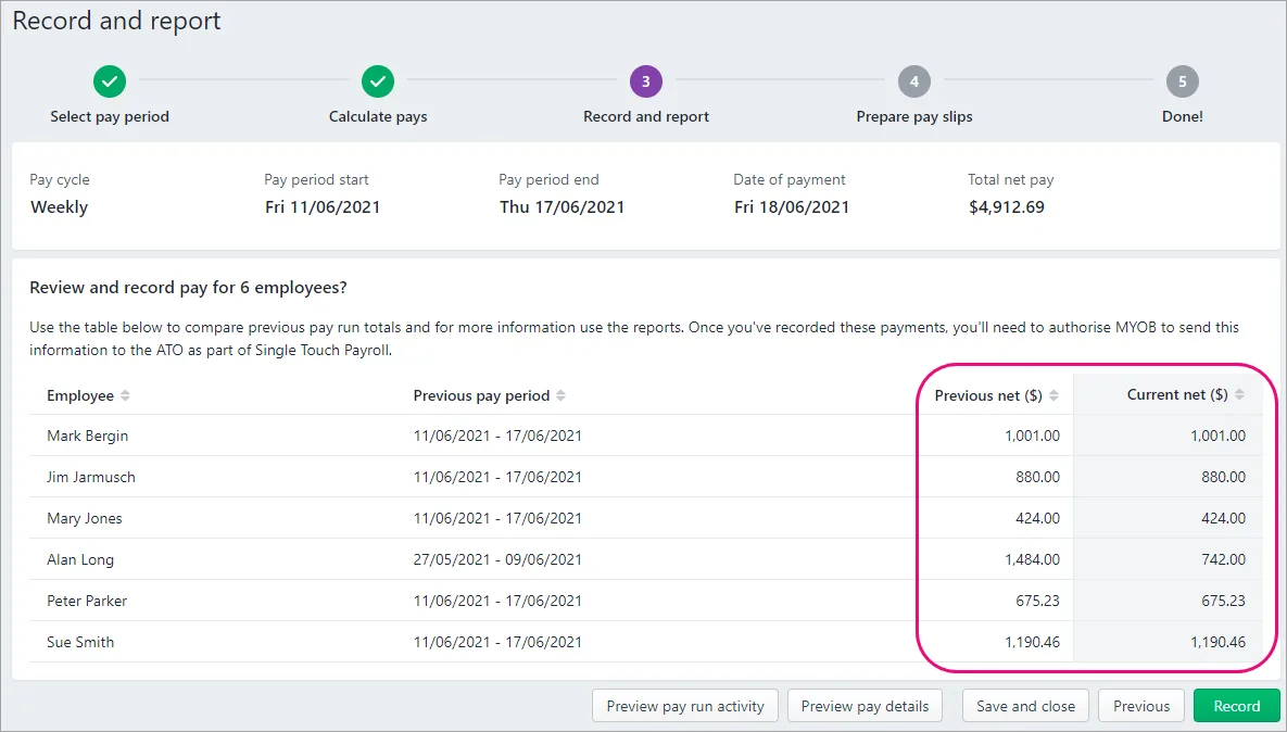 Record and report screen with pay details highlighted