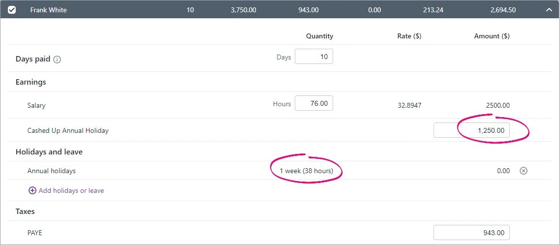 Example pay with value entered against cashed up leave earning